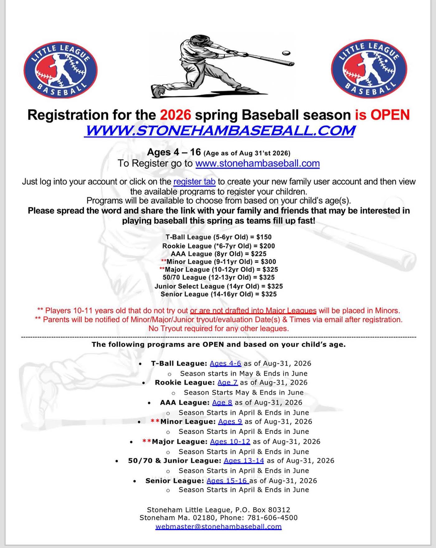 Stoneham Baseball Registration Information