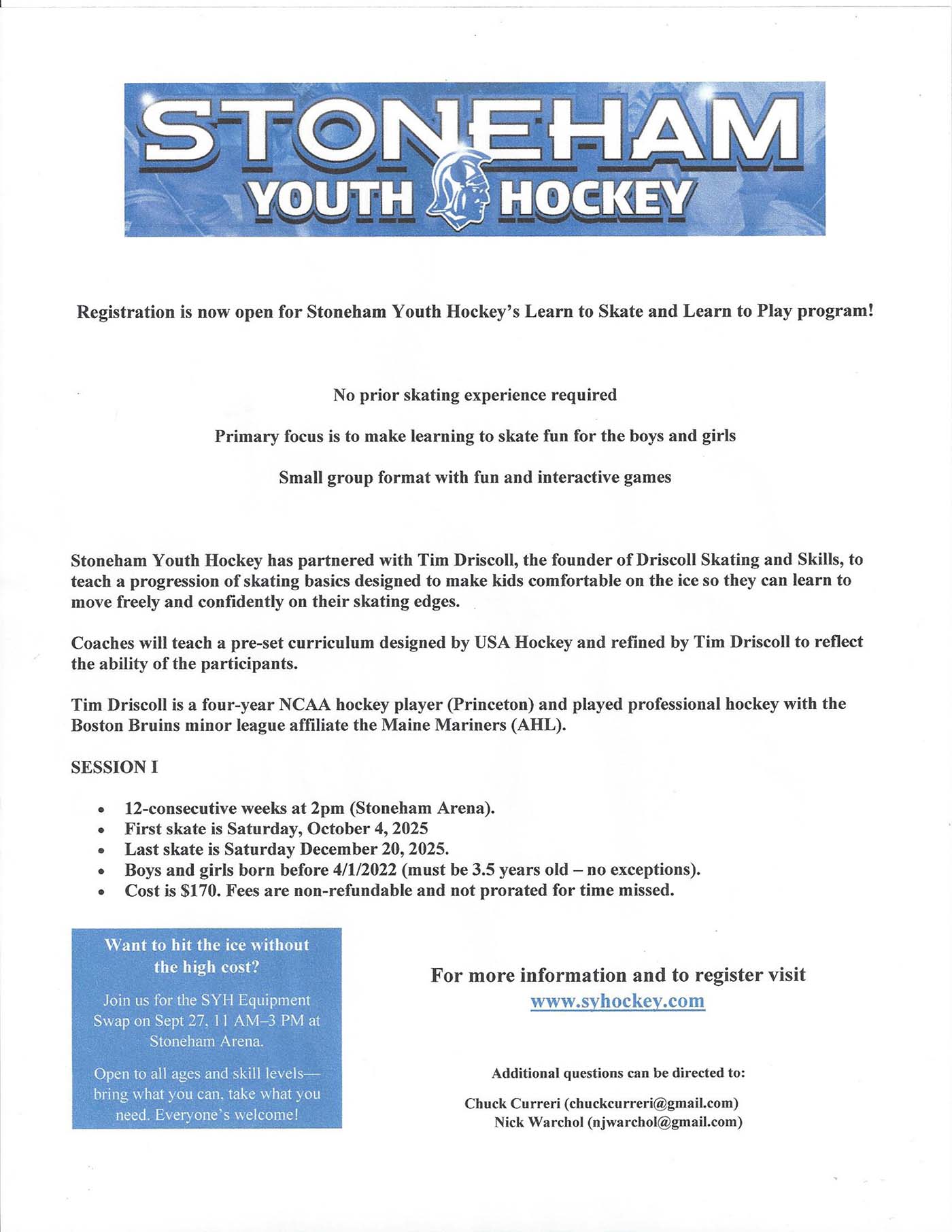 Stoneham Youth Hockey Learn to Skate and Learn to Play Registration