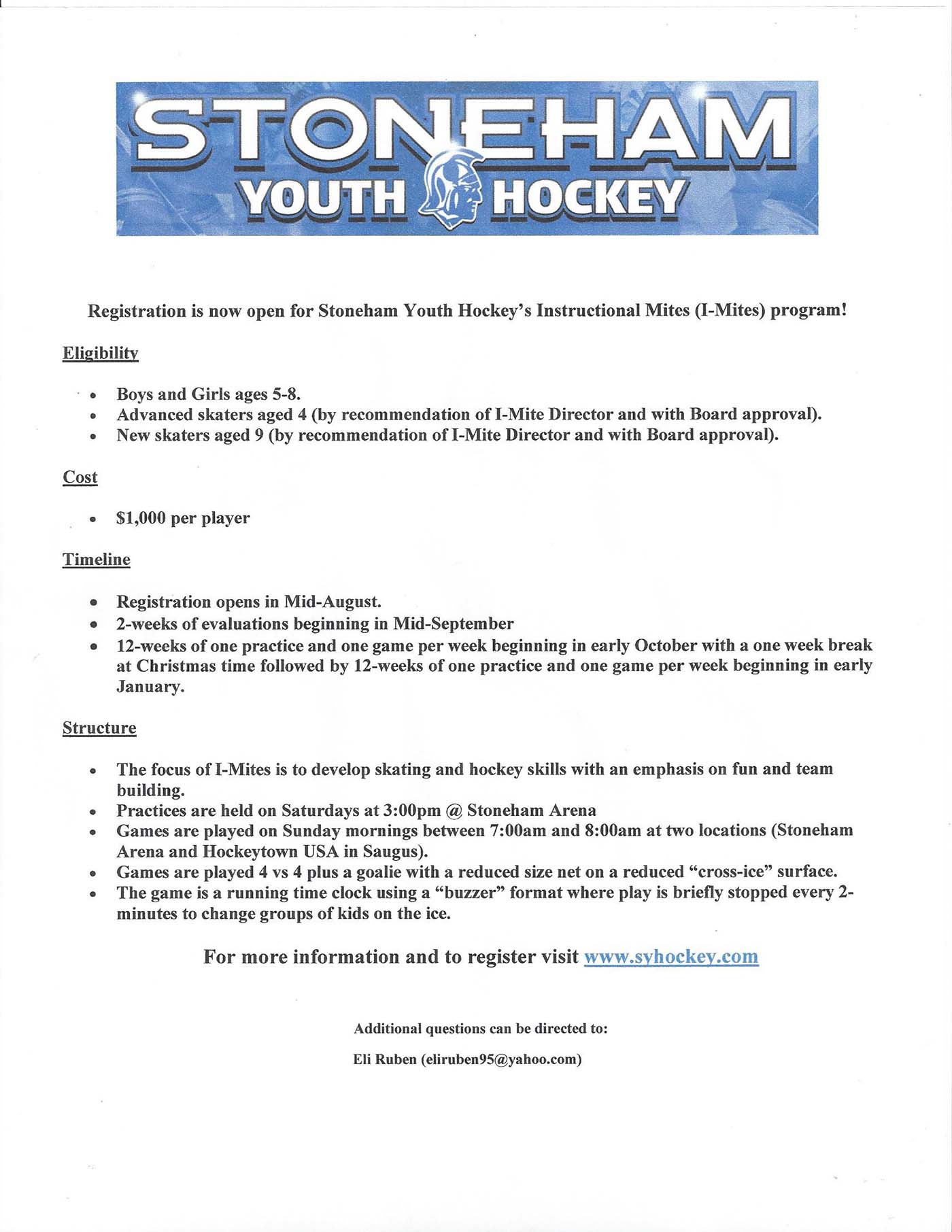 Stoneham Youth Hockey Registration Information